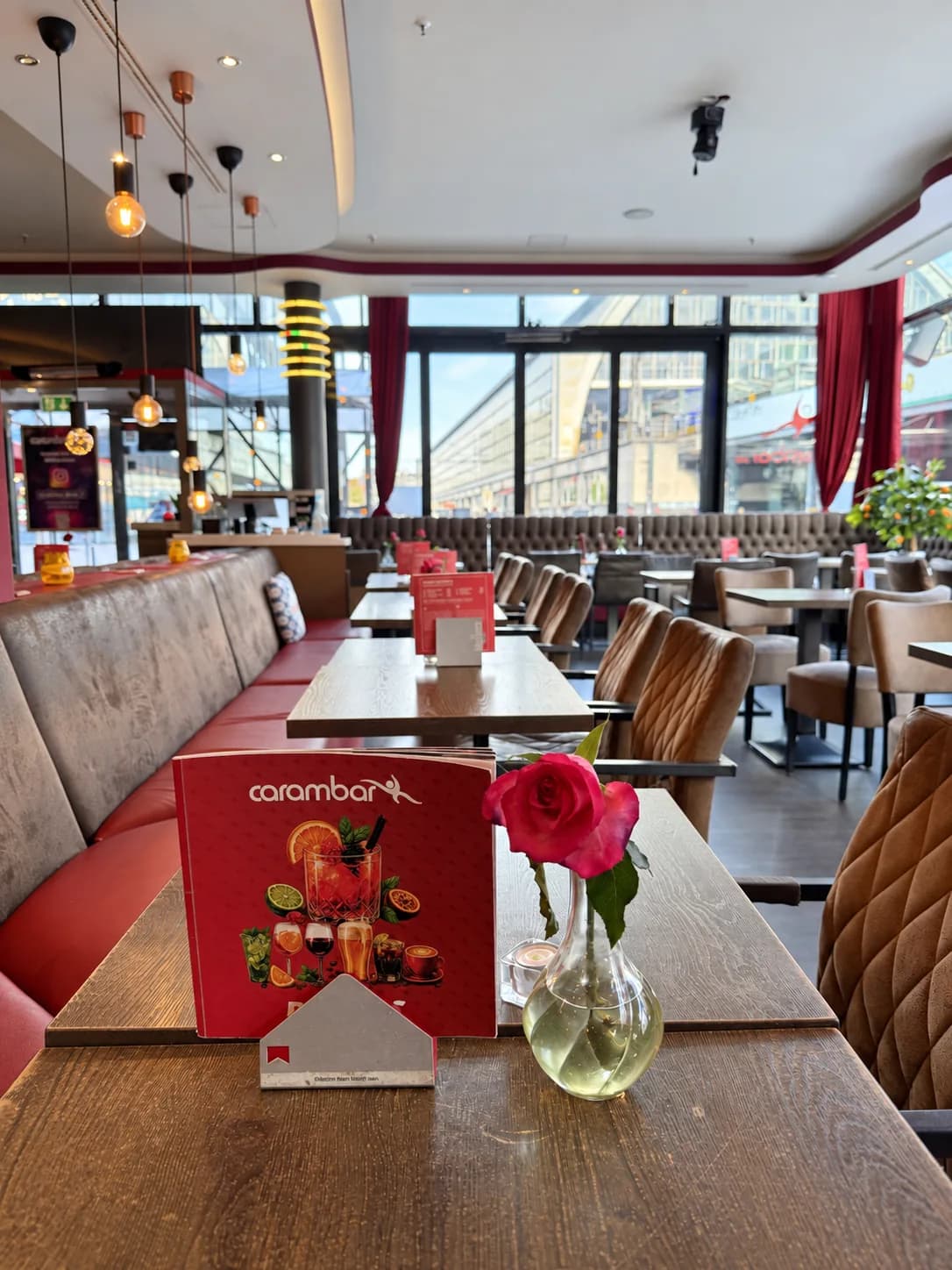 Table with a rose and menu in the Carambar restaurant, with benches and windows behind