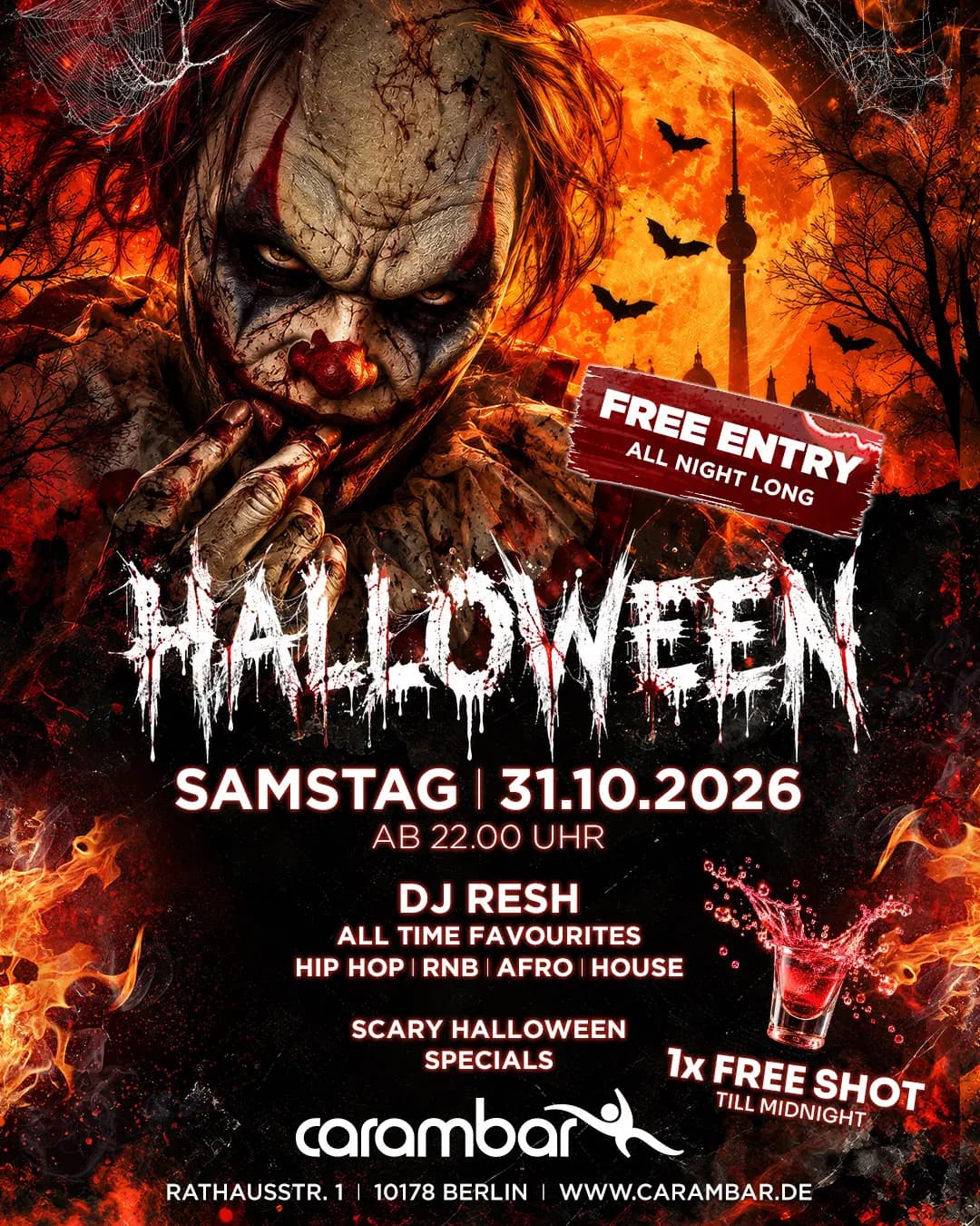 Flyer Halloween at Carambar, Saturday 31 Oct 2026 from 10 pm, DJ RESH, free entry all night, free shot until midnight