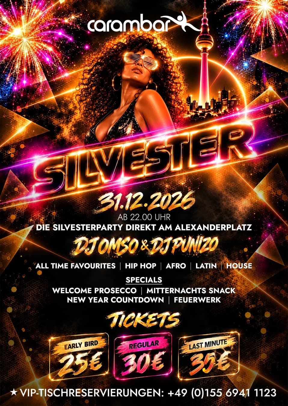 Flyer New Year's Eve 31 Dec 2026 at Carambar from 10 pm with DJ OMSO & DJ PUNIZO, specials and ticket prices